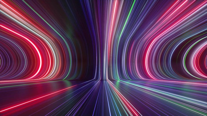 loop 3d animation. Abstract background with glowing lines sliding down, moving to the right inside the tube tunnel