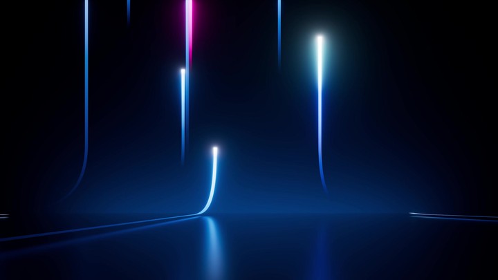 looped 3d animation, abstract background with pink and blue neon stripes lines or ribbons rise up and flow in the dark. Reflection on the floor