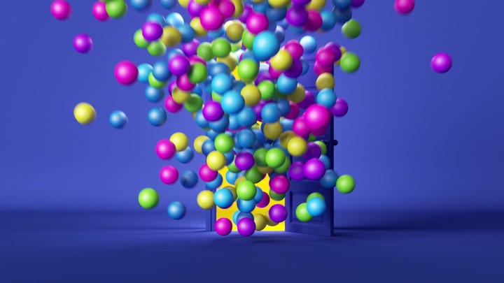 Abstract blue background with colored balls breaking out of the open door and flying up. 3D animation of a party or celebration. Release or presentation concept