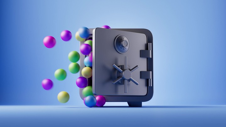 3D animation of colorful balloons and balloons bursting out of a bank vault and flying up