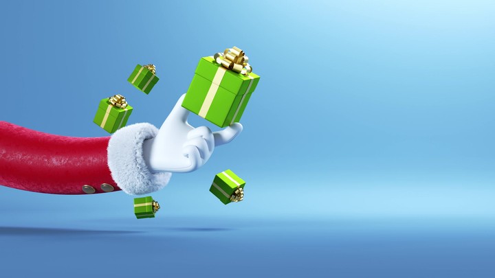 3d animation, funny cartoon Santa Claus arm appears from the left and holds green gift box, isolated on blue background. Christmas holiday animated wallpaper