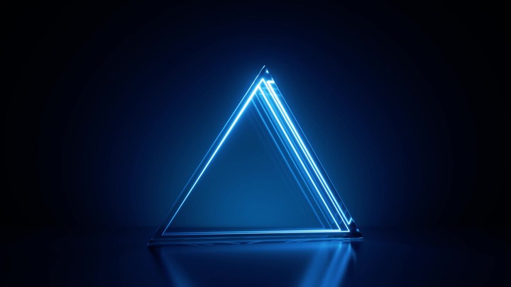 3d animated blue geometric background of spinning glass triangle. Glowing neon lines inside the rotating translucent triangular shape. 3d VJ loop motion animation