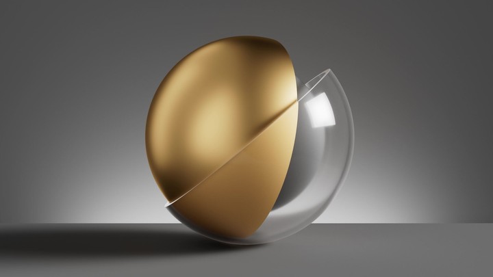Abstract minimalist modern background with gold core ball hidden inside the spinning glass and metal hemisphere shell. Looping 3d animation.