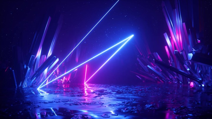 looped 3d animation, futuristic neon background with crystal rods, flight forward through the virtual cosmic scene under the night sky, geometric laser line