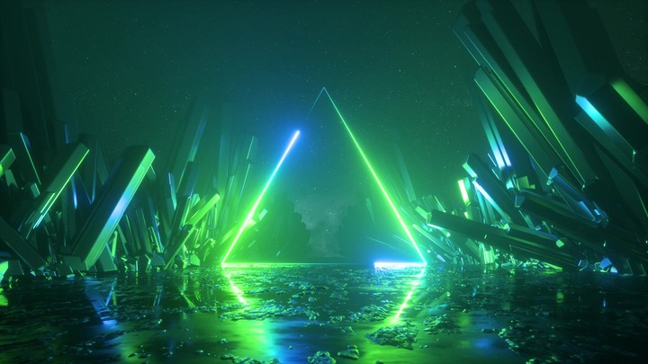 cycled 3d animation. Abstract background with neon triangular frame and emerald green crystals. Glowing lines draw simple geometric shape. Spiritual animated wallpaper