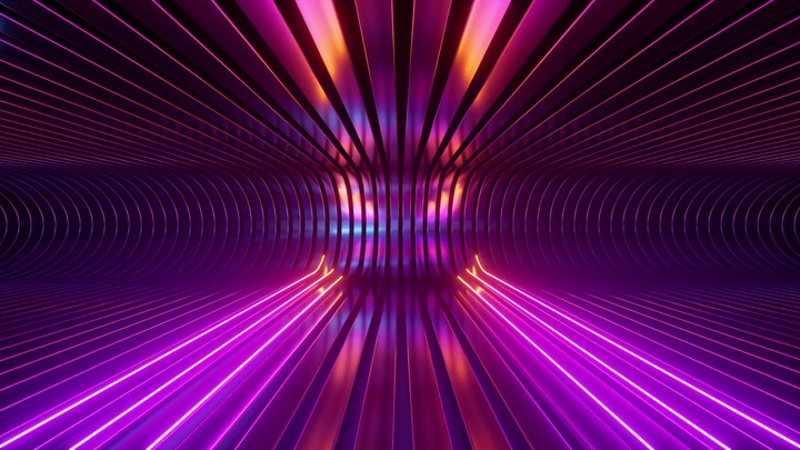 endless 3d animation. Bright neon lines slide down the metallic ceiling walls and floor. Abstract iridescent animated background
