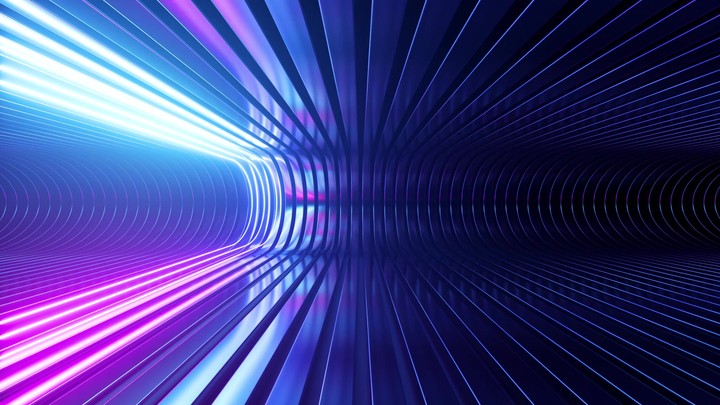 cycled 3d animation. Glowing neon lines move inside the long metallic tunnel. Abstract iridescent animated background