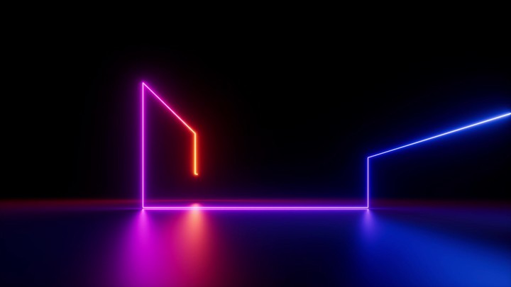 4K cycled 3d animation, abstract geometric background of glowing neon zigzag line, fluorescent ultraviolet light beam, pink blue laser ray looped animation, seamless motion design