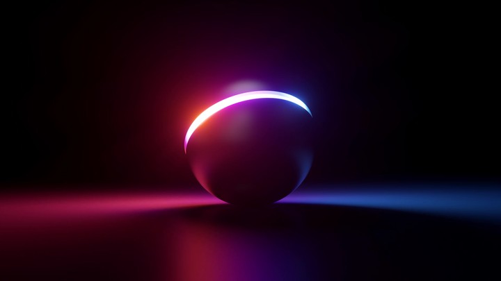cycled 3d animation, abstract background of ball with neon line endlessly spinning inside the dark room with floor reflection. Futuristic minimalist wallpaper