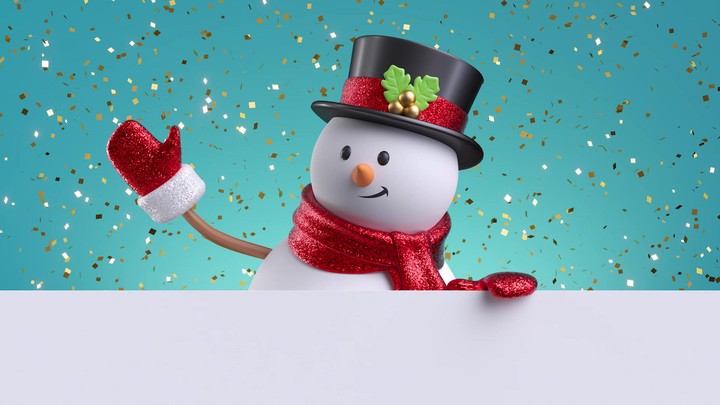 3d snowman waving hand, looking out the wall, holding blank banner. Gold confetti falling. Happy New Year. Merry Christmas animated greeting card with copy space. Winter holiday background