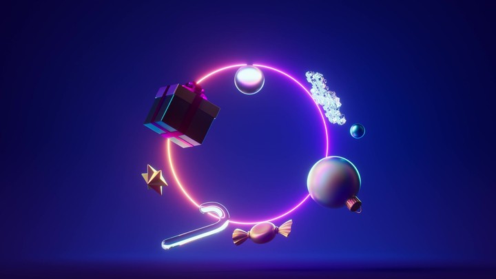 looping 3d animation, abstract festive background. Christmas neon background with gift box and festive ornaments fly spin and rotate endlessly Holiday wallpaper