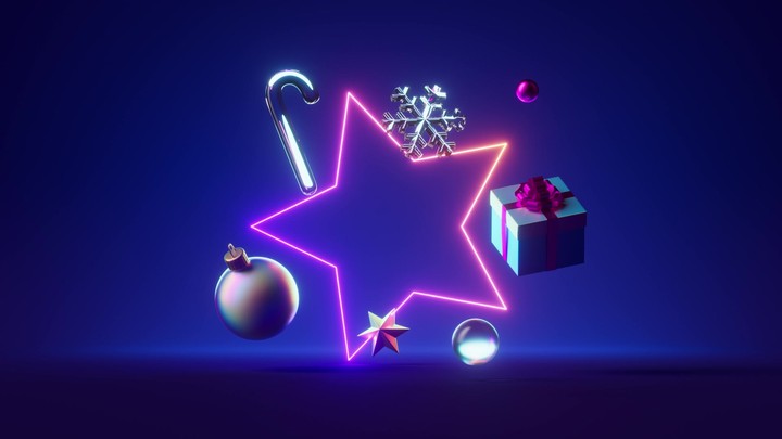 looping 3d animation, abstract festive background. Neon frame in the shape of a star and Christmas ornaments levitate and rotate endlessly. Holiday animated greeting card
