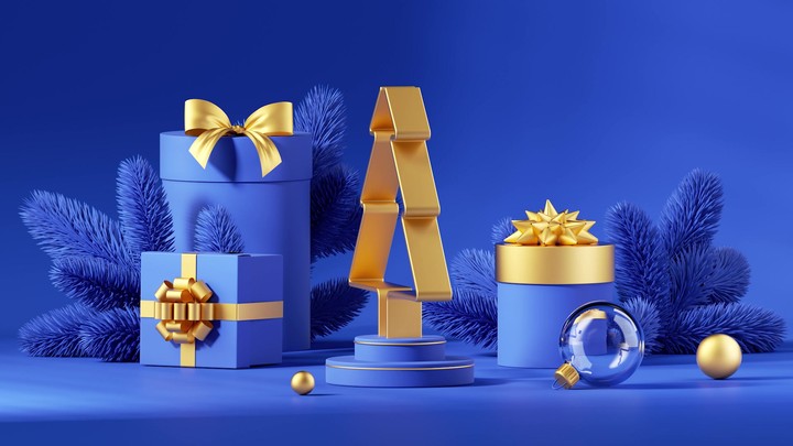 New Year background. Blue gold Christmas greeting card. Spinning and rotating fir tree shape. Wrapped gift boxes. Looping 3d animation