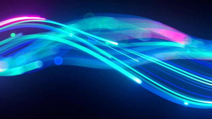looping 3d animation. Abstract pink blue neon background with unfocussed glowing wavy lines and bokeh lights. Equalizer sound wave chart