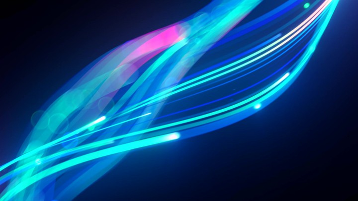 looping 3d animation. Abstract pink blue neon background with unfocussed glowing wavy lines and bokeh lights. Equalizer sound wave chart