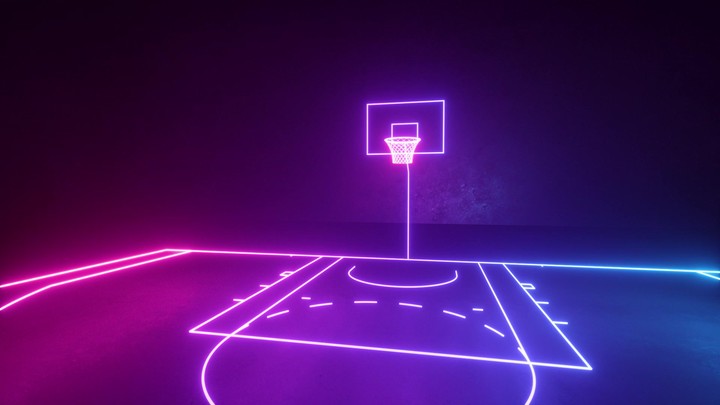3d animation. The camera flies over the virtual neon basketball court. Neon sports ground animation. Span of the camera.