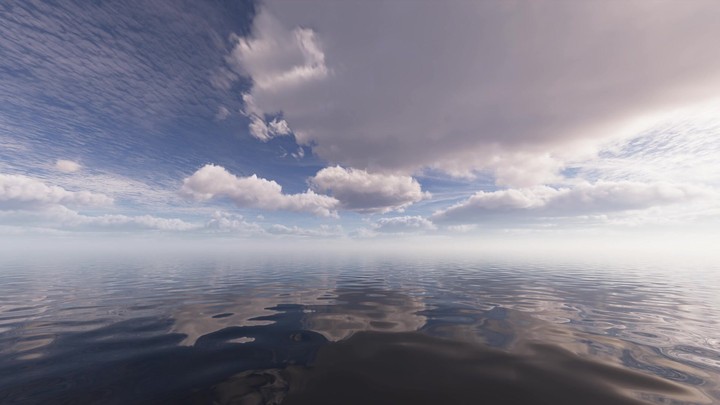 3d animation, abstract seascape background. Time lapse of white clouds slowly pass by in the blue sky, reflect in the calm water. Relaxing nature scenery