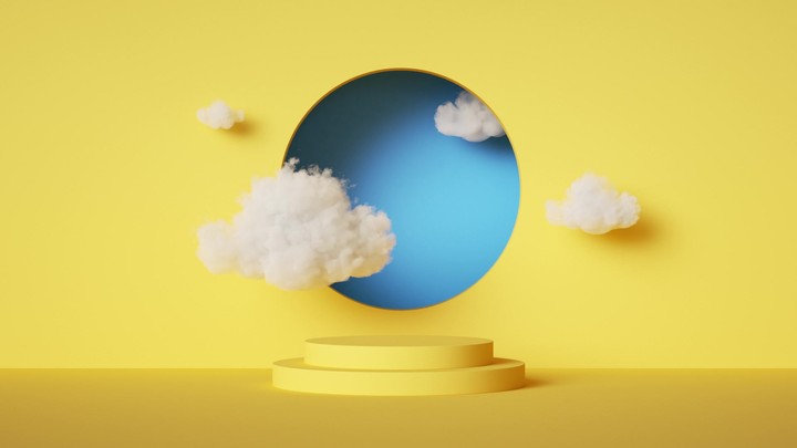 animated minimalist geometric background. White clouds levitate above the empty pedestal inside the yellow room, blue hole in the wall, round frame