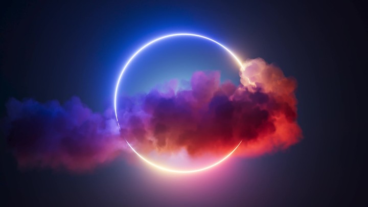 looping 3d animation, abstract neon geometric background. Colorful cloud spins around the glowing round frame. Futuristic minimalist wallpaper