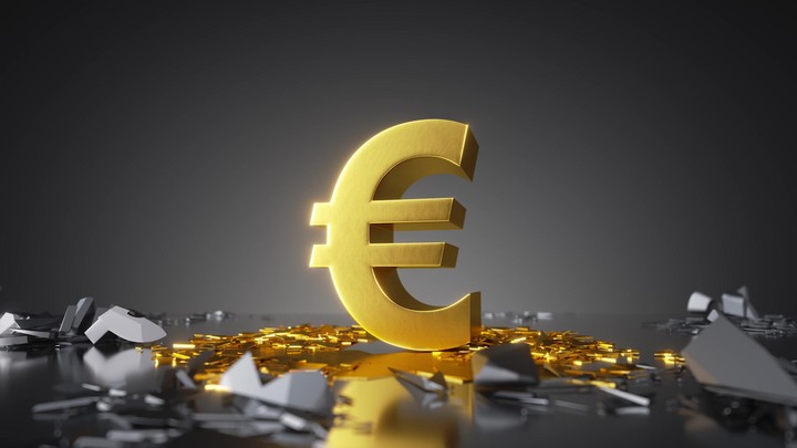 3d animation. Abstract financial background, gold euro sign falls down, broken obstacles fly apart, currency exchange rate concept. Business metaphor