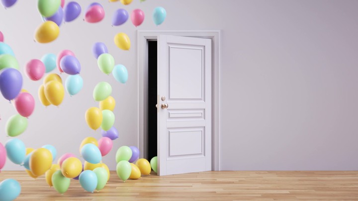 Abstract party background. Door opens and colorful balloons fly out to the left. 3d animated festive wallpaper