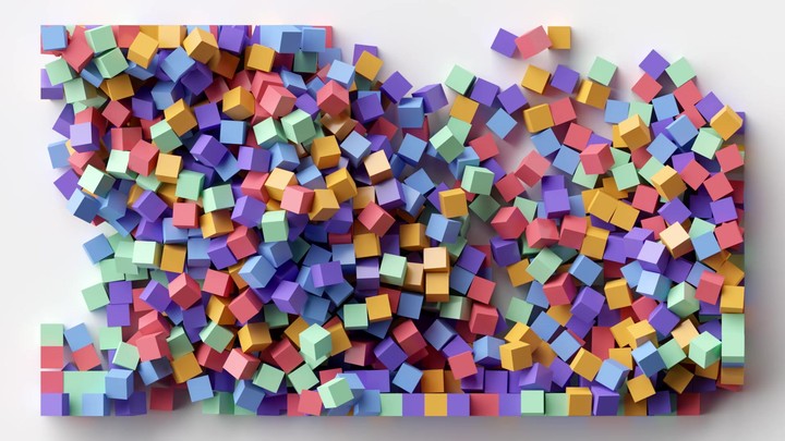 cycled 3d animation, abstract geometric background of assorted multicolored cubes mixing together