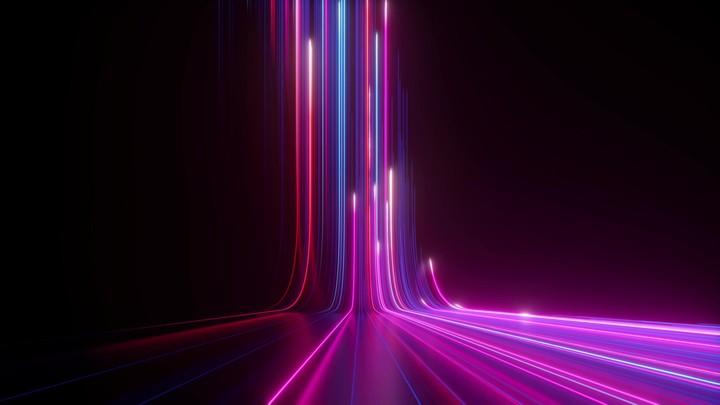 3d animation, abstract background with pink and blue neon lines go up from left to right, reflection on the floor