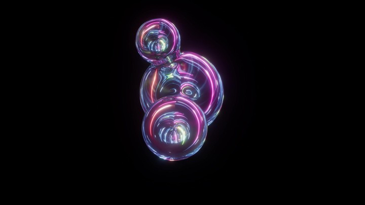 looped 3d animation. Iridescent glass spherical shape, virtual molecule, reflecting neon light, spinning in the dark. Simple geometric aesthetic holographic object isolated on black background