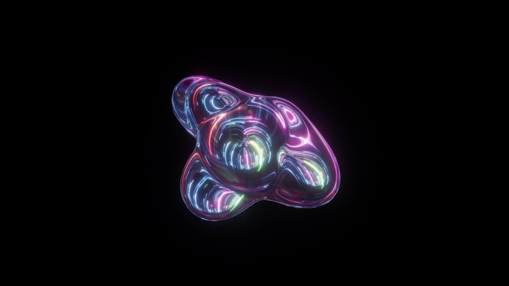 Fantastic looped 3d animation. Surreal liquid glass object, flexible drop, morphing iridescent form, reflecting neon light, smoothly transforming and changing shape, isolated on black background