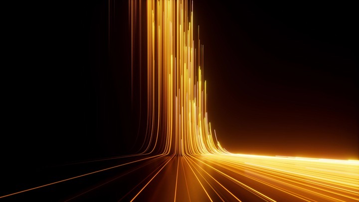 Abstract background of ascending yellow neon lines and glowing trails, moving from left to right. Cycled 3d motion animation