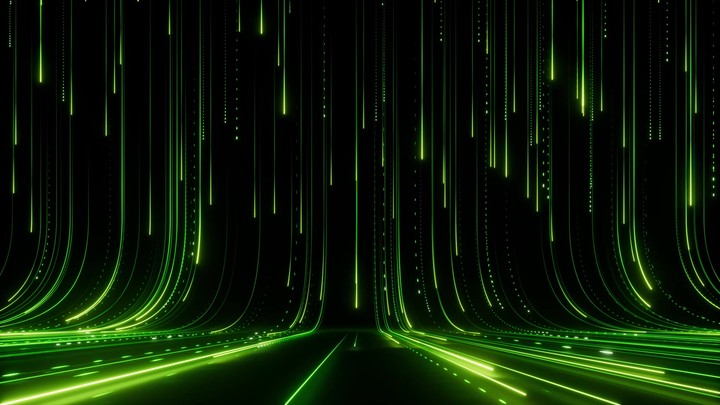3d motion animation. Abstract neon background of green lines glowing in the dark, sliding down and disappear. Futuristic animated wallpaper