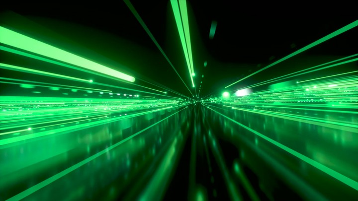 3d animation of green neon lines flowing and streaming, glowing in the dark, isolated on black background. Information transition, big data concept