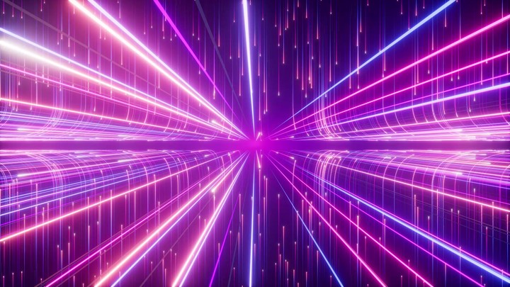 futuristic 3d animation. Abstract background of gliding pink blue neon lines and flashing lens flares