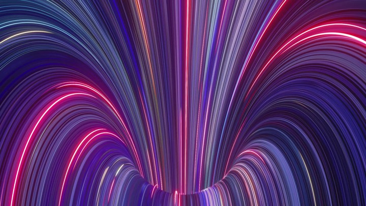looping 3d animation, abstract neon background of fluorescent lines glowing in ultraviolet light, gliding inside the virtual funnel. Fantastic wallpaper,