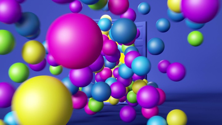 3D animation of multicolored balloons and balls breaking out of the blue door, fly out into the camera. A bright yellow light shows behind the open door
