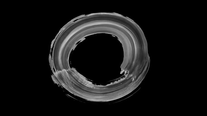 Creative 3D animation. Monochrome brush stroke moves on a circular trajectory, isolated on a black background. Round shape drawn with paint