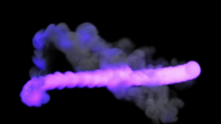 Abstract 3D animation. Blurry violet neon smoky jet swirling and flowing over the black background, eventually disappearing. Fantastic morphing effect