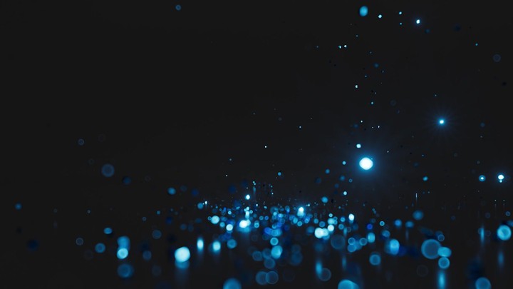 Bright blue sparks appear in the dark, swirl around, and leave glowing trails. They reflect on the floor, creating a magical atmosphere. Perfect for a festive or surprise theme. 3D animation.