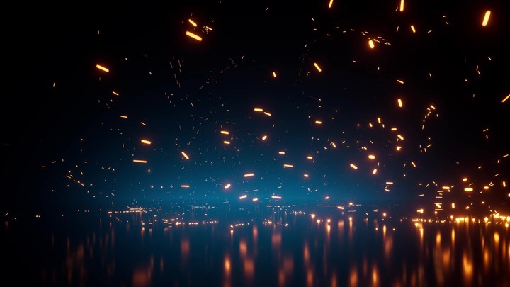 Animated 3D background. Fiery sparks scatter and disappear in the dark. Intro for Chinese New Year Festival