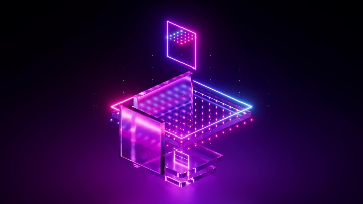 looping 3d animation. Glowing parts of neon virtual blueprint move and rotate. Abstract geometric background. Pink blue neon linear scheme. Cybernetic computer technology
