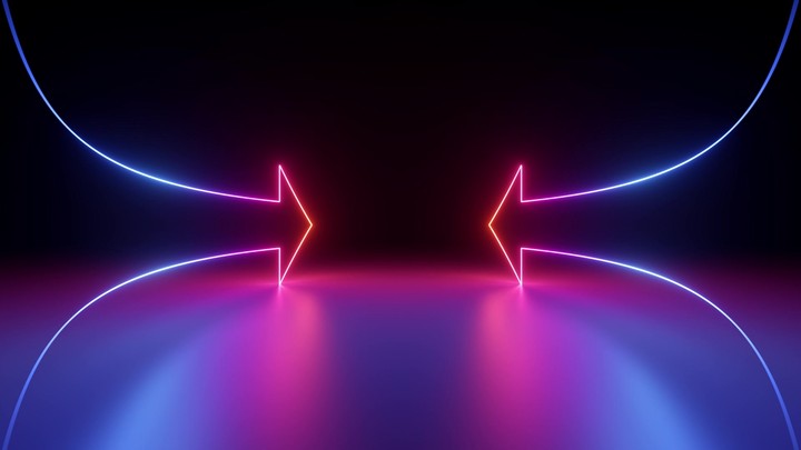 looping 3d animation, abstract minimalist geometric background. Collection of assorted neon arrows, linear sign appears and fades away