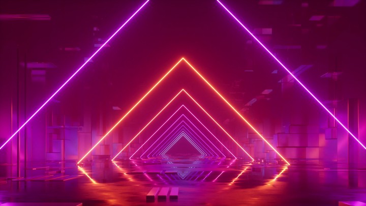 looping 3D animation of neon geometric triangular frames appearing on the backstreet in the dark. Abstract urban background
