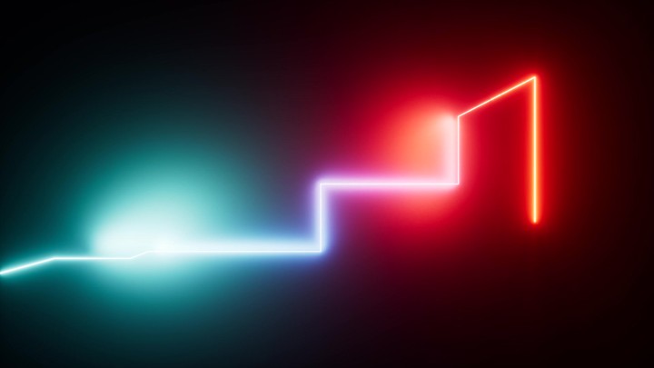 Looped 3D animation. Bright multicolored neon light moving from left to right on a geometric trajectory, leaving behind a glowing trail. Fantasy background. Virtual labyrinth