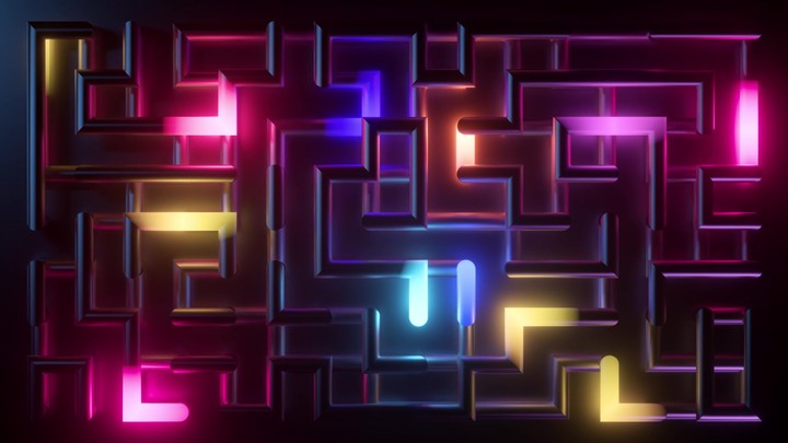 looping 3D animation of bright neon lights moving through a maze of tubes. Futuristic and dynamic background. Virtual labyrinth. Logistics concept
