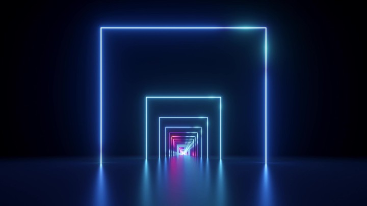 moving forward the infinity tunnel with glowing neon square frames. Abstract motion background. Looped 3d animation.