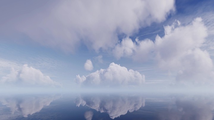 3D animation of white clouds floating in a blue sky over serene sea water. Peaceful and mesmerizing nature scene. Simple panoramic cloudscape