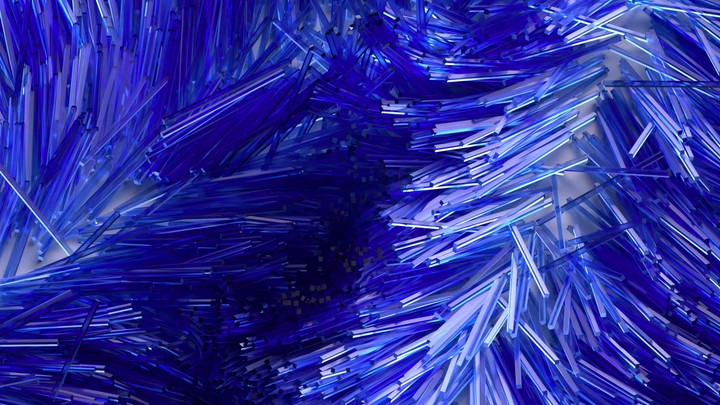 3D animation of blue glass rods standing in a regular order, suddenly falling chaotically and hitting each other. Domino effect. Top perspective view