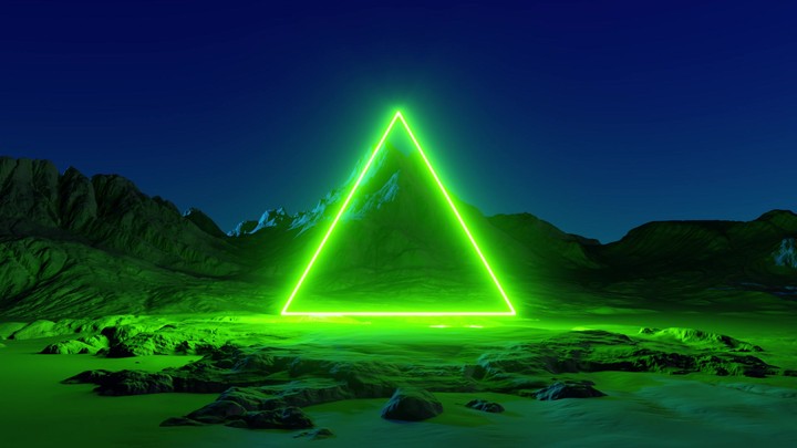 3d animation. Green neon triangle glowing over the futuristic landscape. Rocky mountain under the night sky. Fantastic scenery with electric blank triangular banner frame. Abstract background