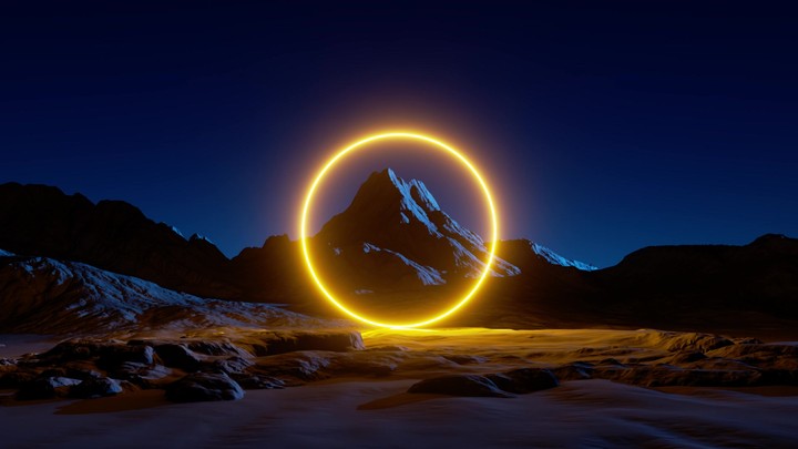 3d video of a yellow neon ring glowing over the futuristic scenery. Rocky mountain under the night sky. Fantastic panoramic landscape