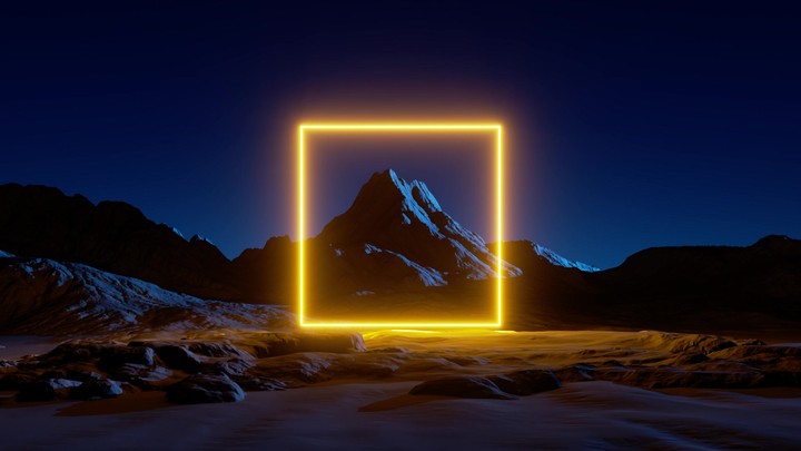 3d video of a yellow neon square glowing over the futuristic scenery. Rocky mountain under the night sky. Fantastic panoramic landscape